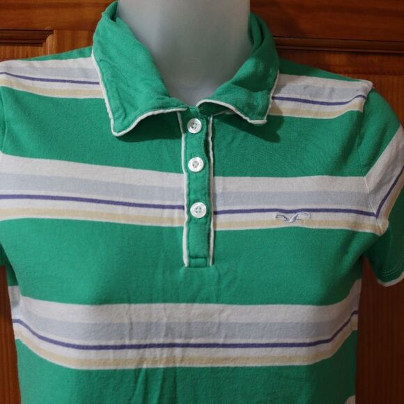 Vintage Y2K Hollister Green & White Stripe Baby Polo Shirt Medium - Picture 2 of 16